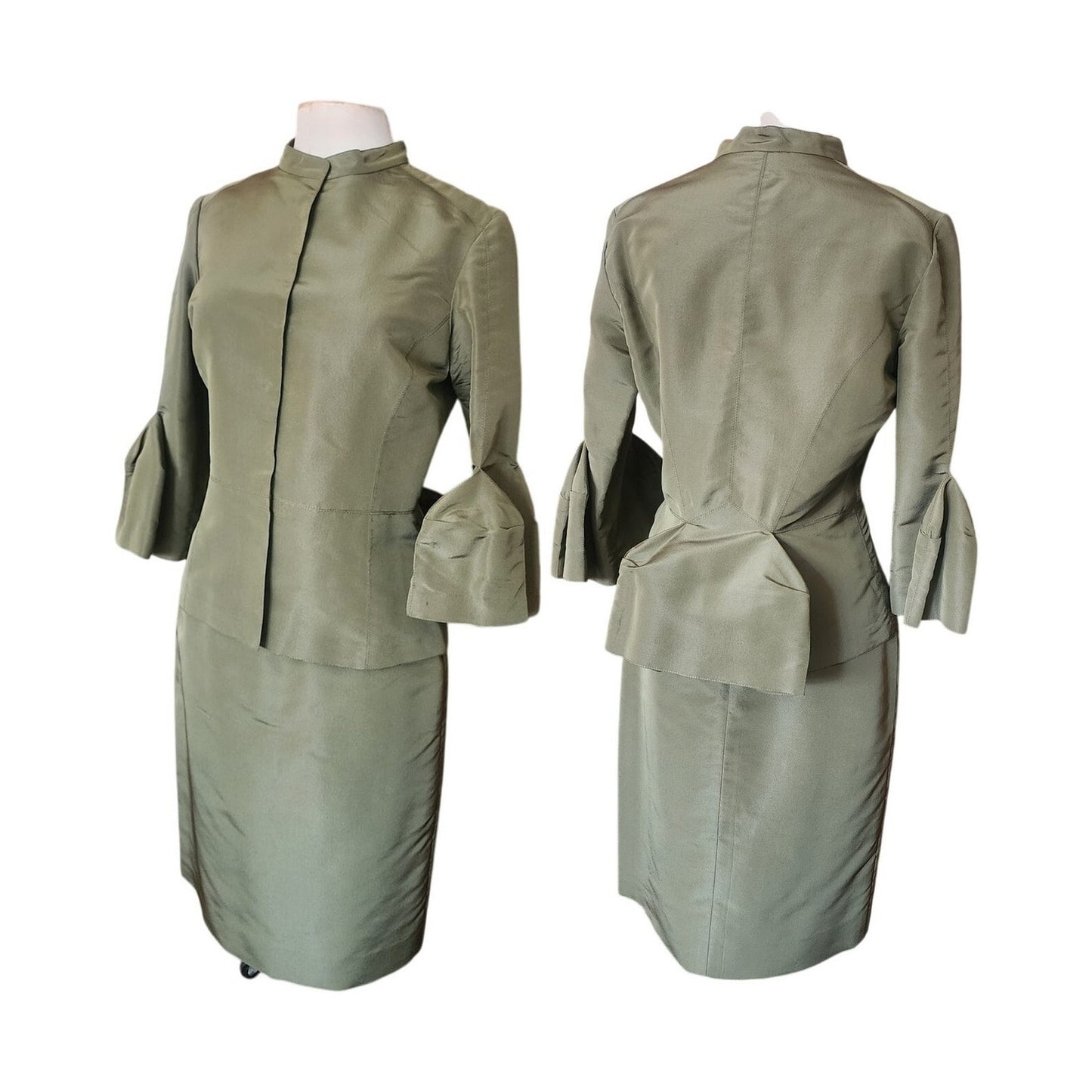Oscar de la Renta Skirt Suit SS 2008 Green Silk Taffeta Peplum Blazer Bell Cuffs