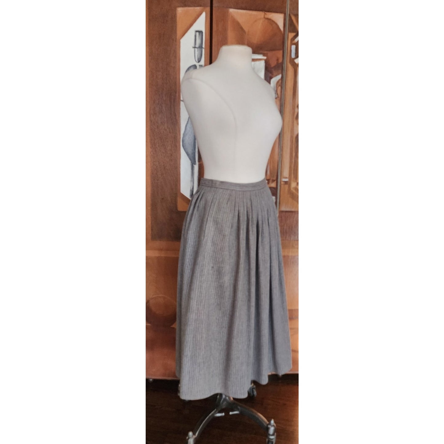 Vintage 70s Geoffrey Beene Bag Midi Skirt Gray Pinstriped Wool A Line / M