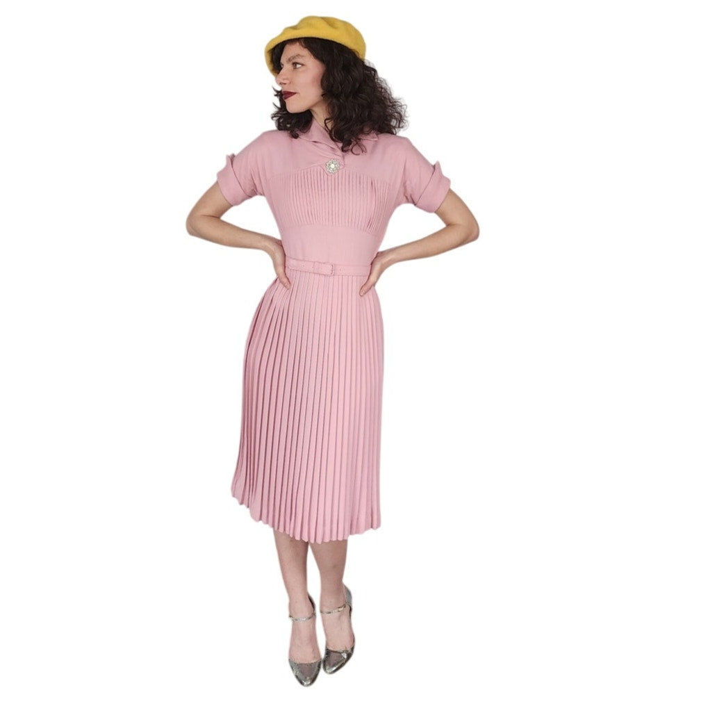 Vintage 40s Pink Dress Pleated Wool Belted w/Rhinestone Pin / S