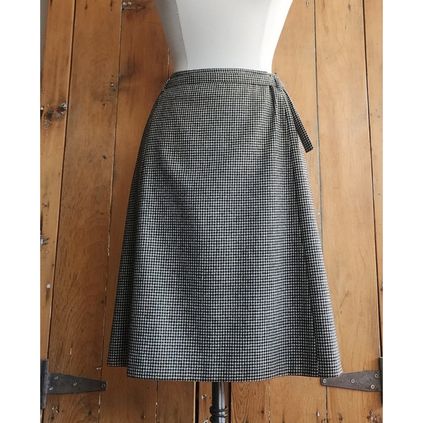 Vintage Dries Van Noten Skirt Gray Houndstooth Wool A Line Knee Length Belt Sash / Medium