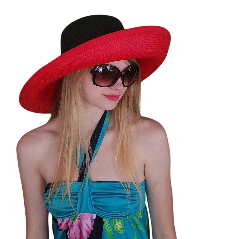 Vintage 1980s Kokin Hat Wide Brim Sun Straw Fuchsia Red Black Summer Oversized