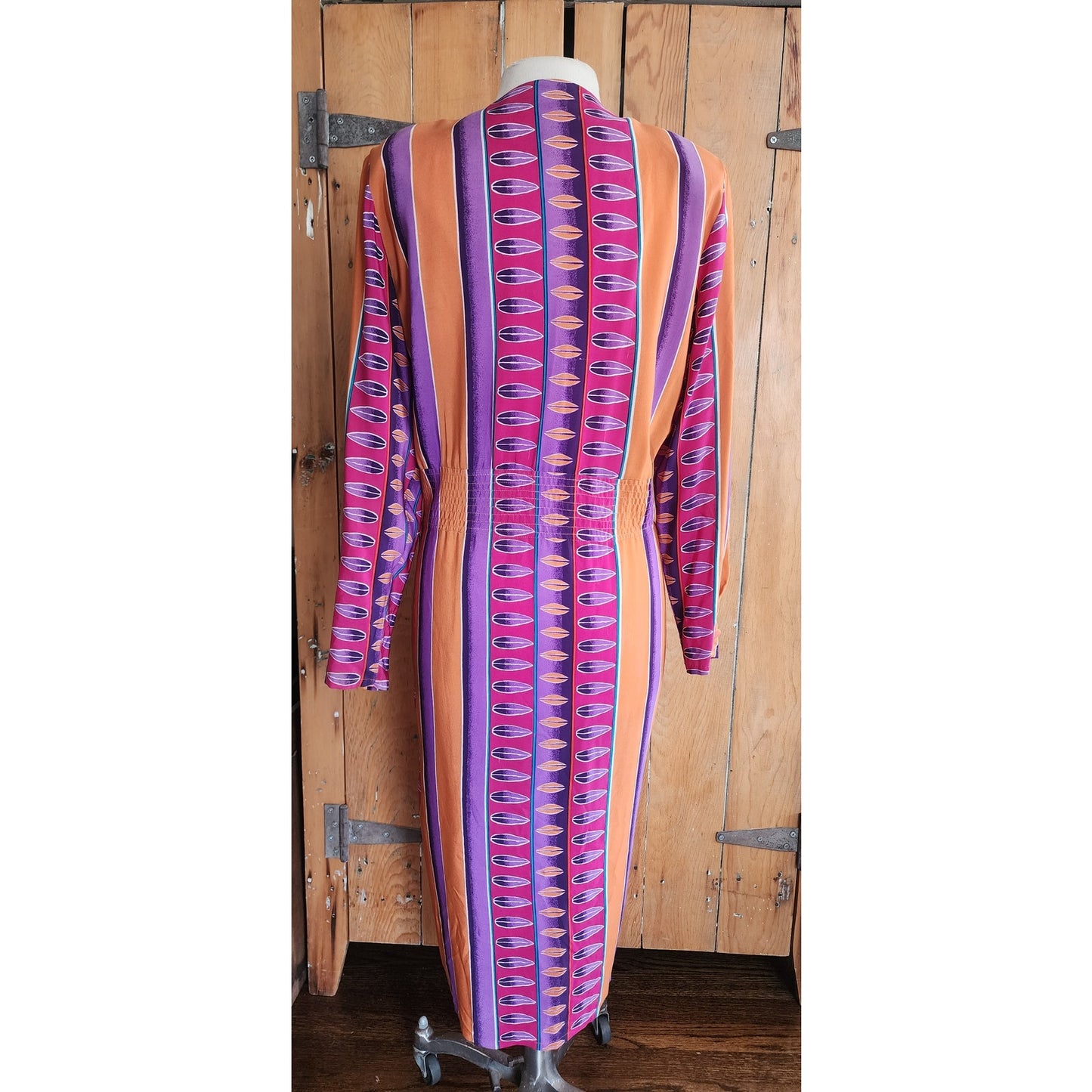 Vintage 1980s Silkprint Dress Purple Orange Stripe Secretary Style Sady King