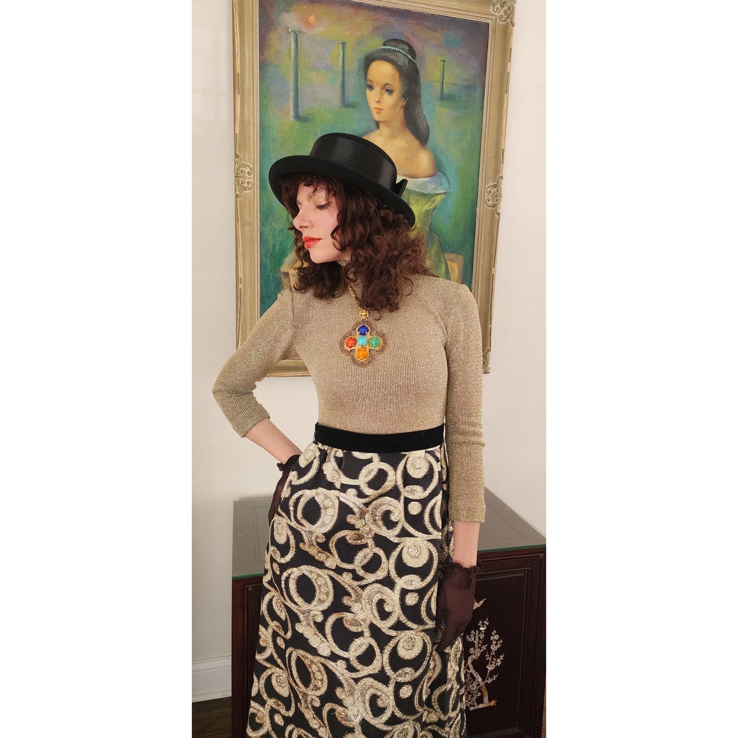 Vintage 1970s Gold & Black Maxi Dress Metallic Spiral Swirl / S
