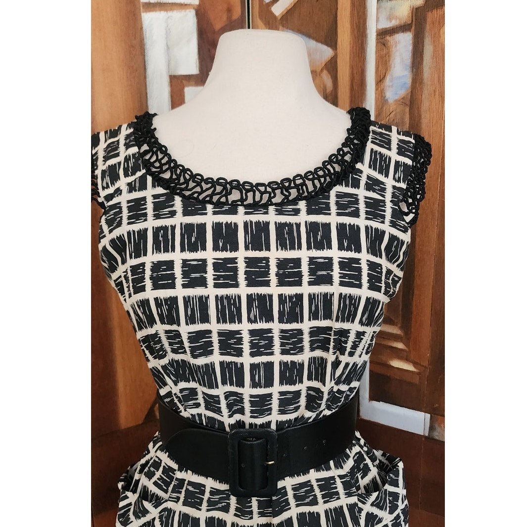 Vintage 50s Cotton Print Dress Black White Check Belted / M to L