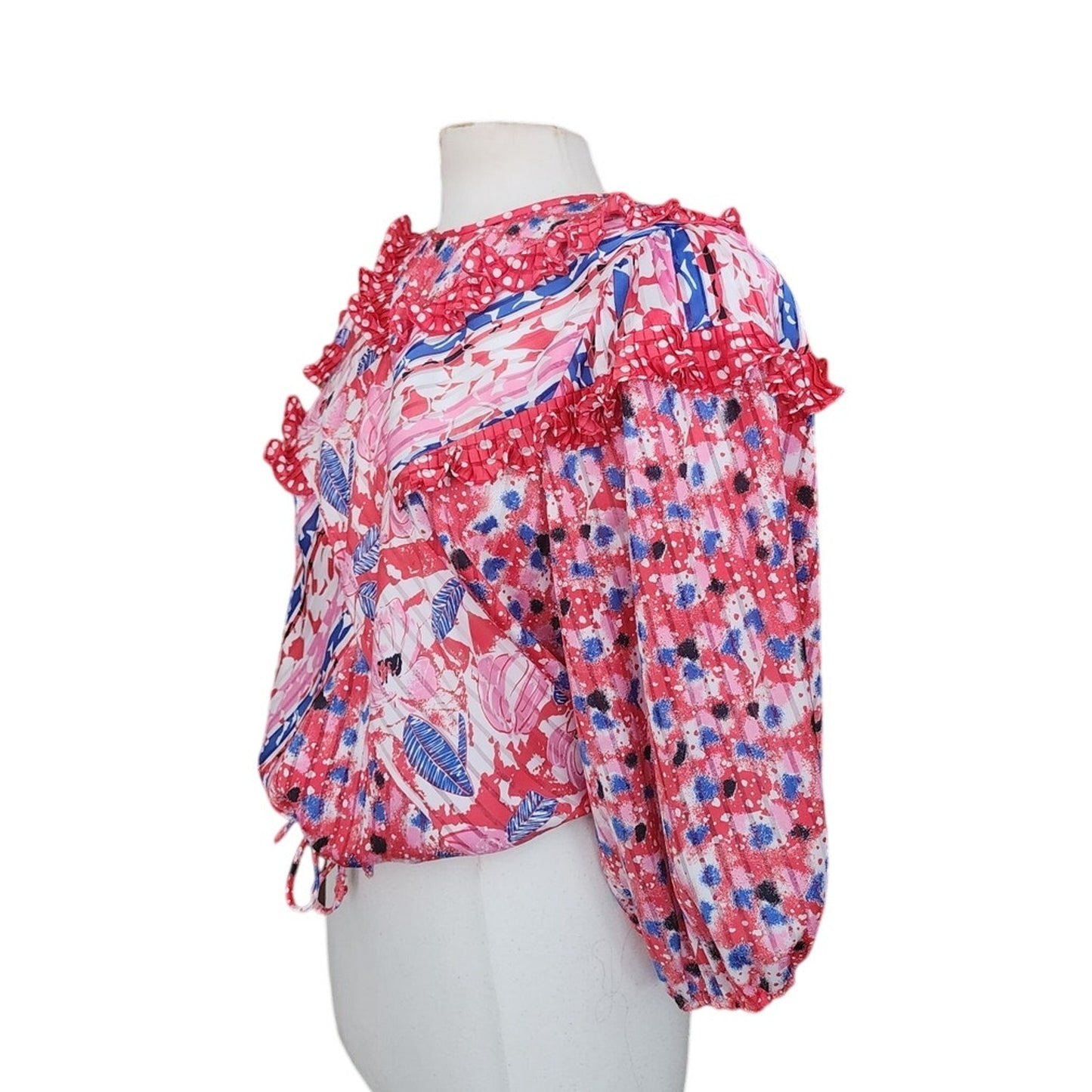 Vintage 80s Diane Freis Blouse Bold Print Poly Georgette Ruffles Pink Red
