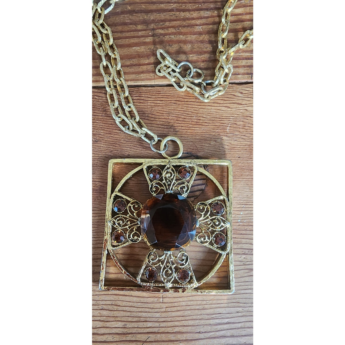 Vintage 1960s Maltese Cross Necklace Baroque Pendant Purple Brown Gold Maximalist Boho