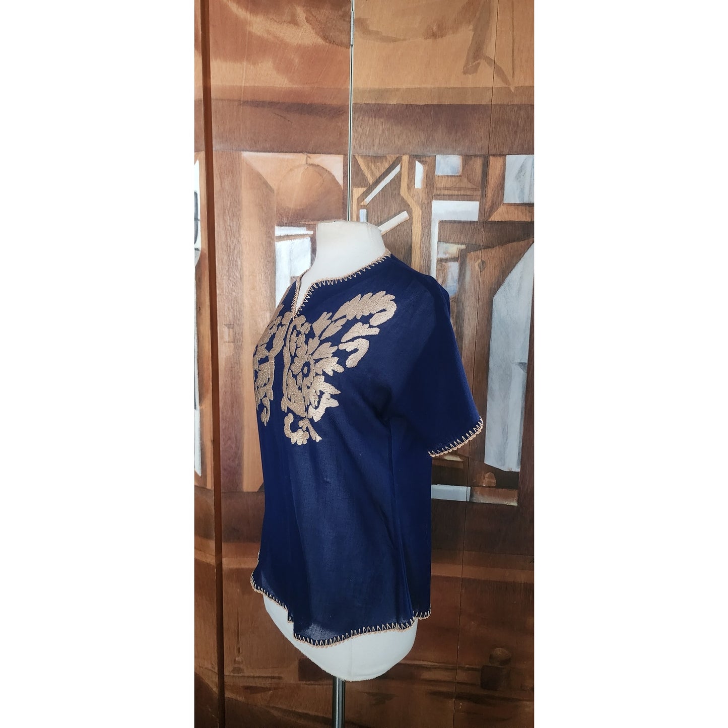 Vintage 70s 80s Royal Blue Gold Embroidered Tunic Top Sequin Caftan Blouse