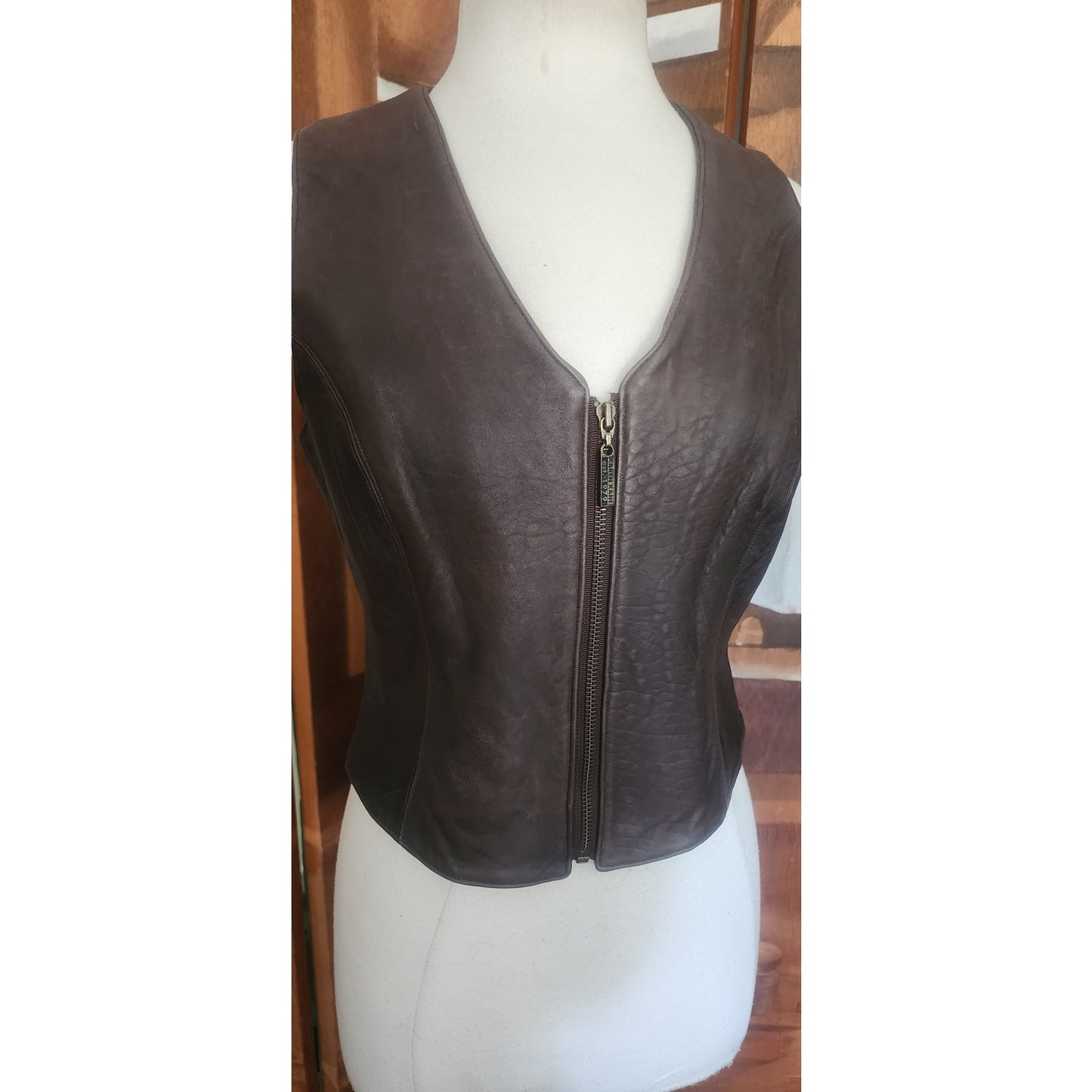 Vintage 1990s Brown Leather Vest Zip Front Karen Kane Vest Fitted Leather Minimalist