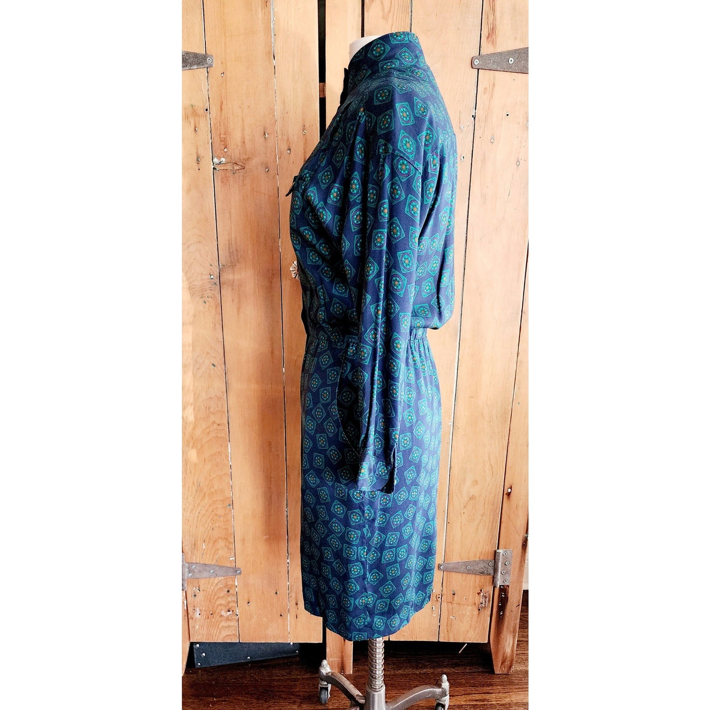 Vintage 80s Liz Claiborne Button Down Dress Green Blue Print