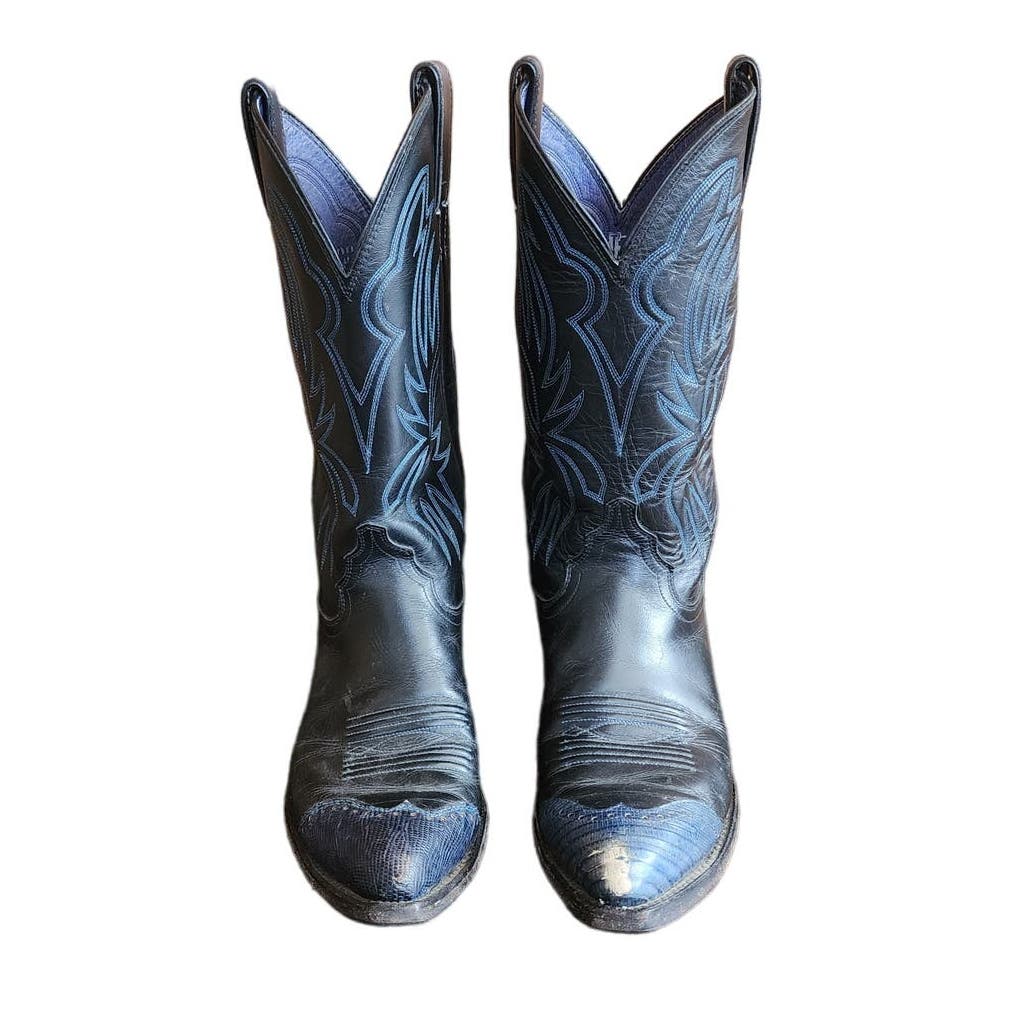 Vintage 70s Ladies Justin Cowboy Boots Blue Snakeskin Tooled Leather 9