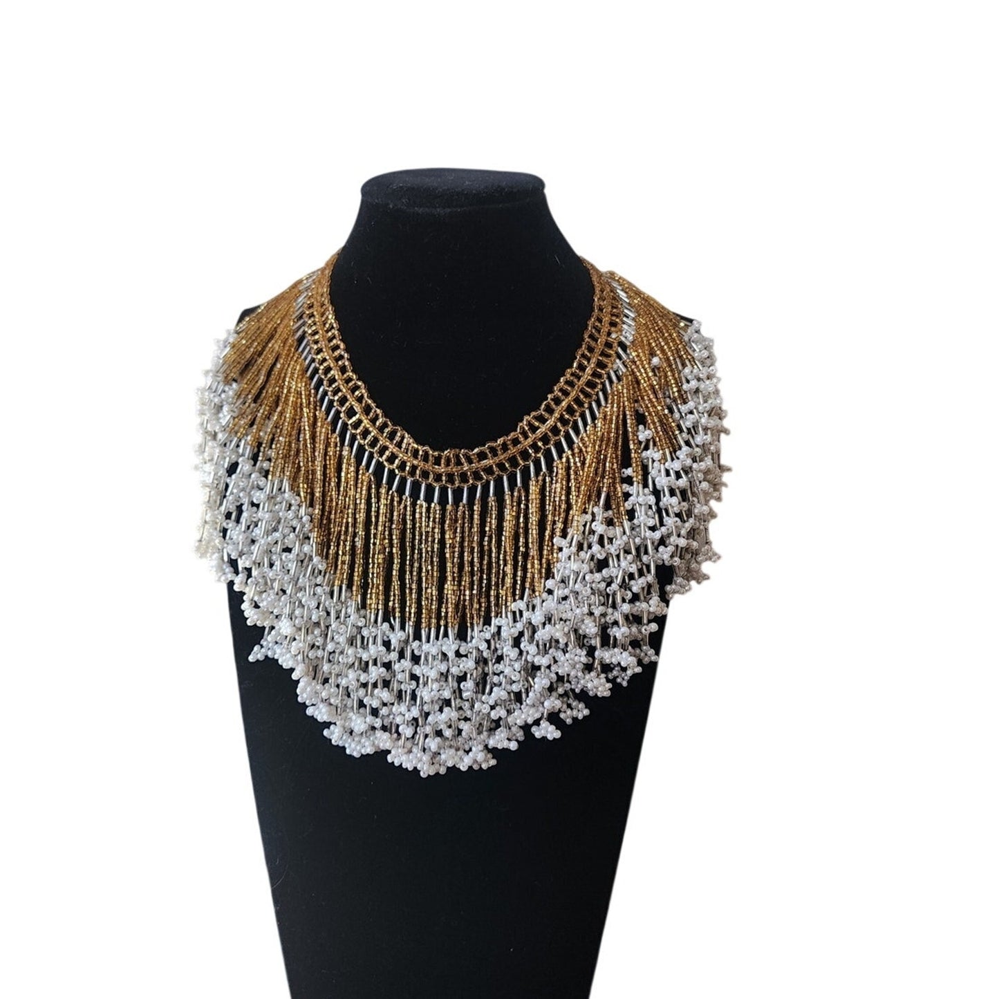 Vintage Bib Necklace Boho Fringed Beaded Collar Choker Gold Maximalist Egyptian