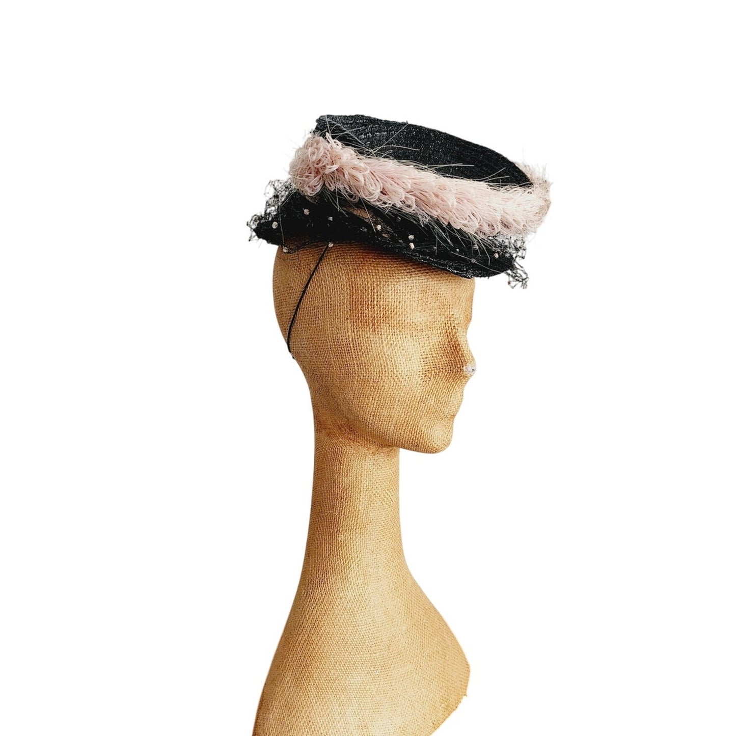 Vintage 1940s Tilt Top Boater Hat Black Straw & Pink Trim