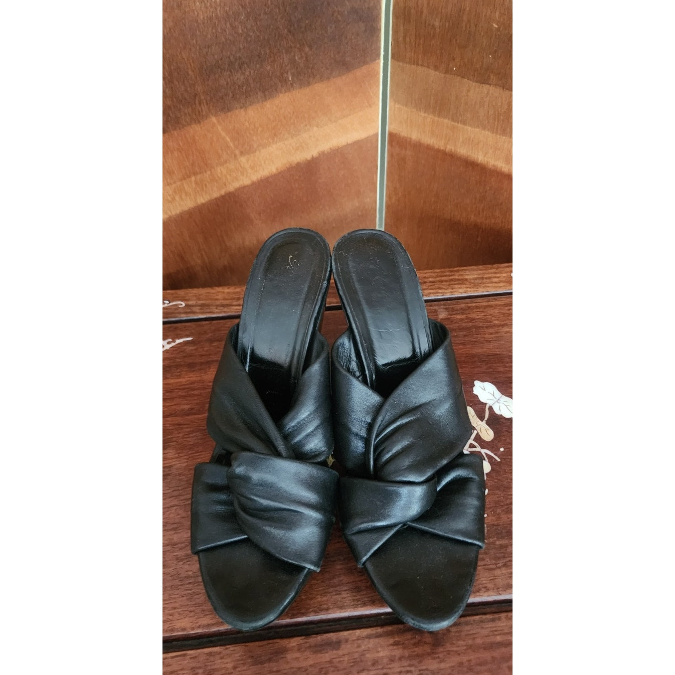 Vintage Robert Clergerie Slides Heels Black Leather Architectural Wedge Sandals Size US 6