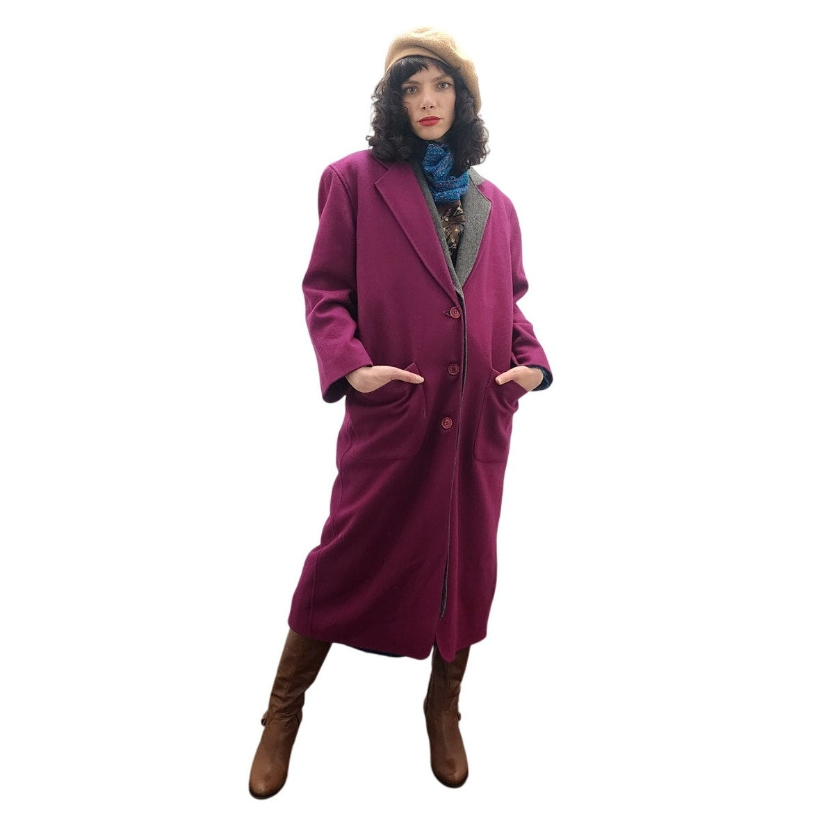 Vintage 1980s Purple Wool Coat Perry Ellis Portfolio w/Removable Gray Liner Vest Duster