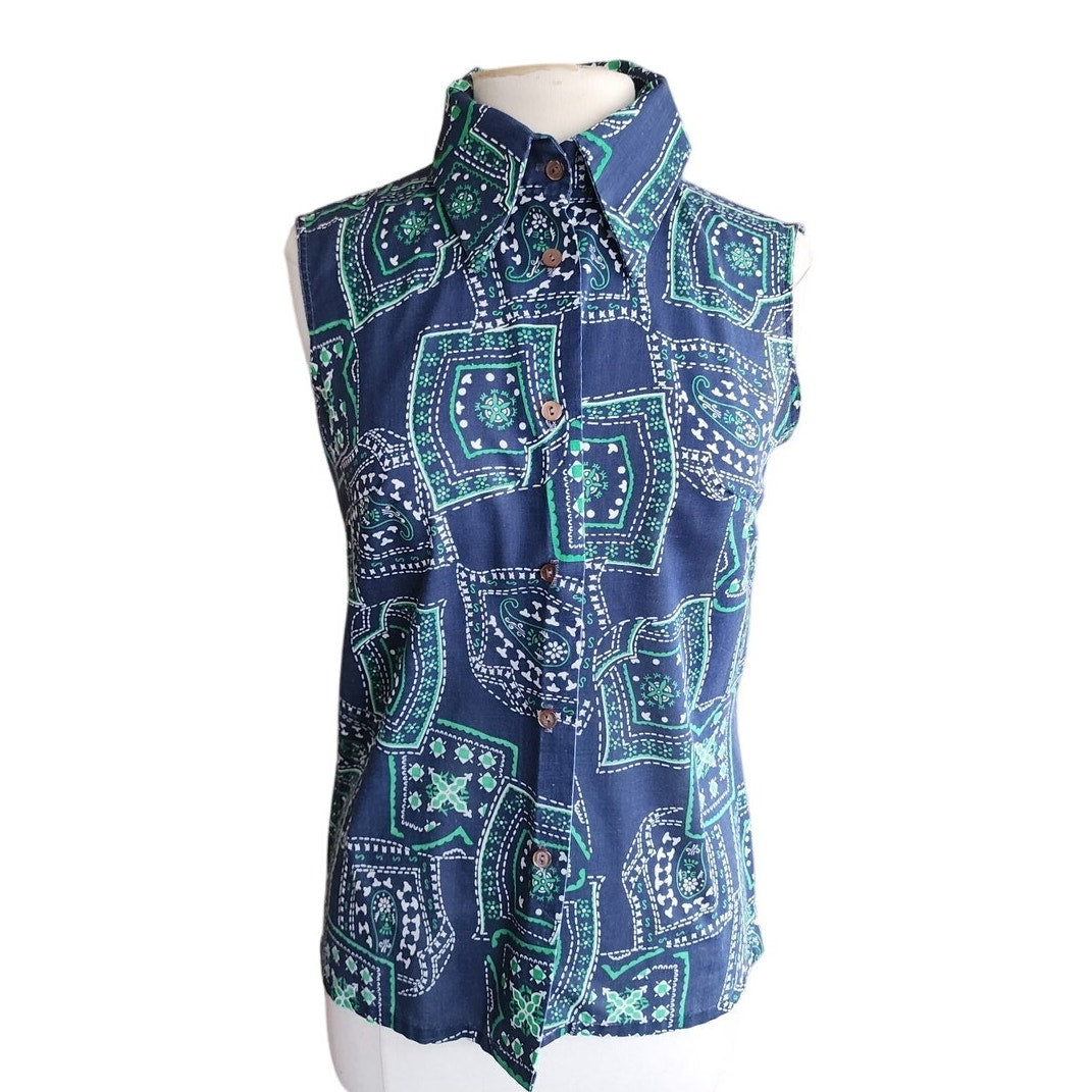 Vintage 70s  Sleeveless Top Bandana Print Blue Green / M