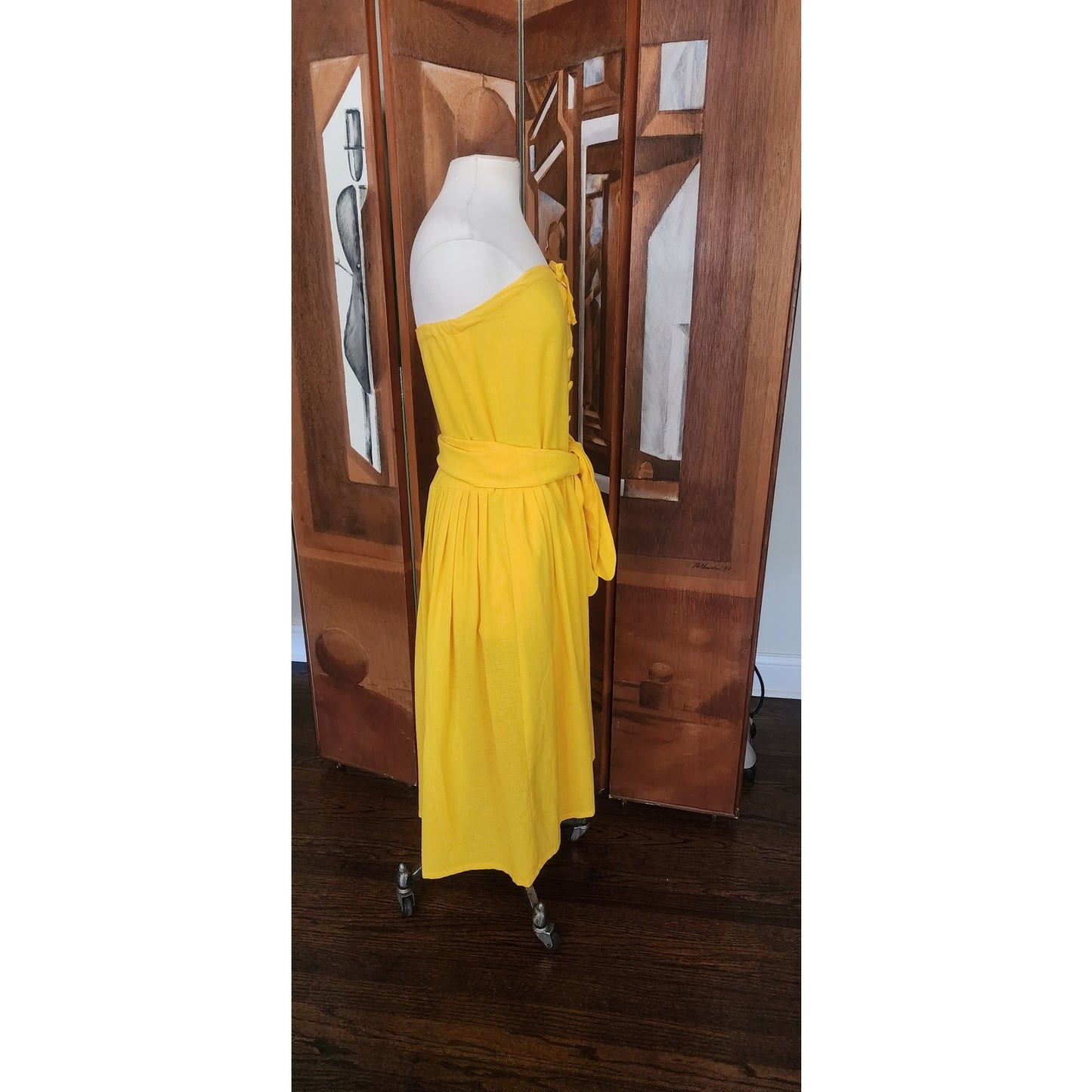 Vintage 80s Sonia Rykiel Strapless Dress Yellow Cotton Button Front Sash Belt Waist