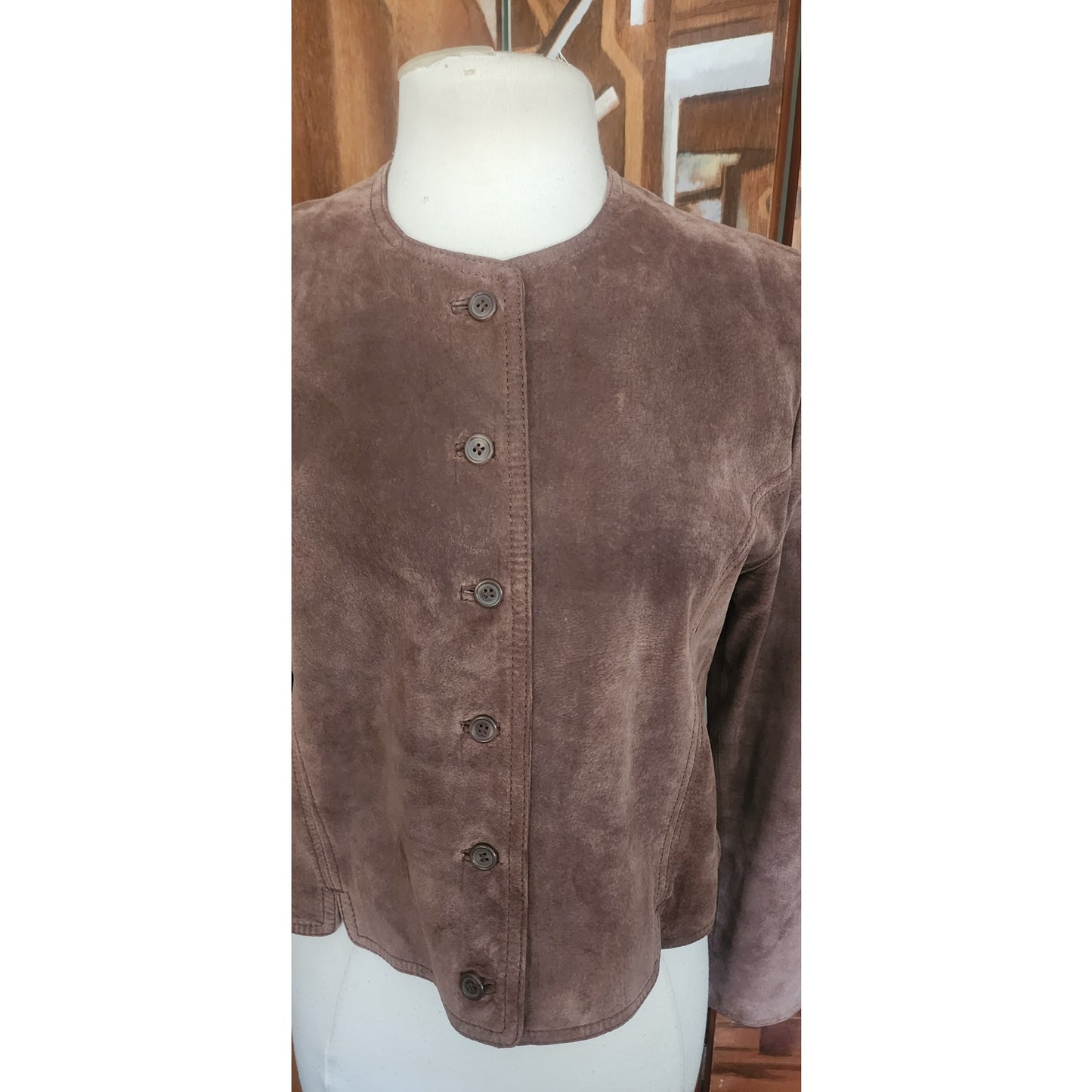 Vintage 1990s Cropped Blazer Brown Suede Jacket Carroll Reed Large