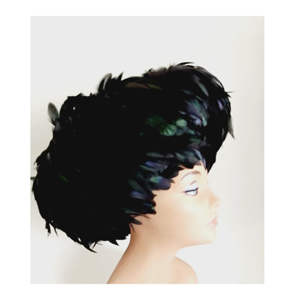 Vintage 60s Black Feather Hat Oversized Phyllis Diller Style
