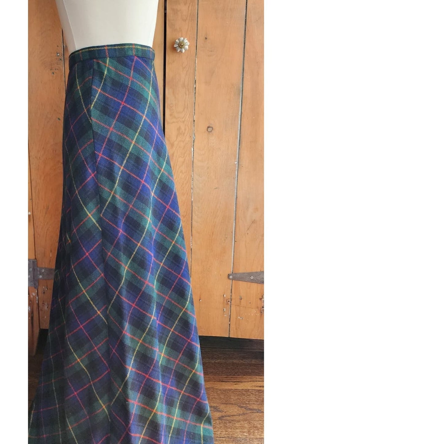 Vintage 70s Long Skirt Green Wool Plaid Prestige of Boston