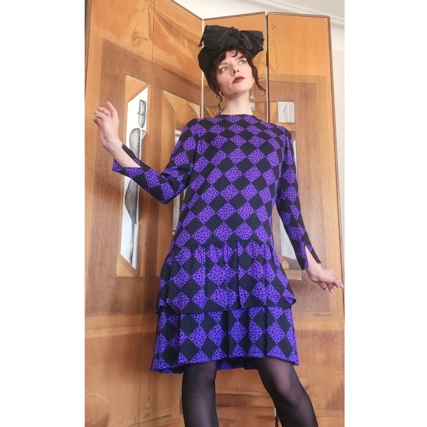 Vintage 1980s GIVENCHY Silkprint Dress Purple Black Harlequin Diamonds Long Sleeved