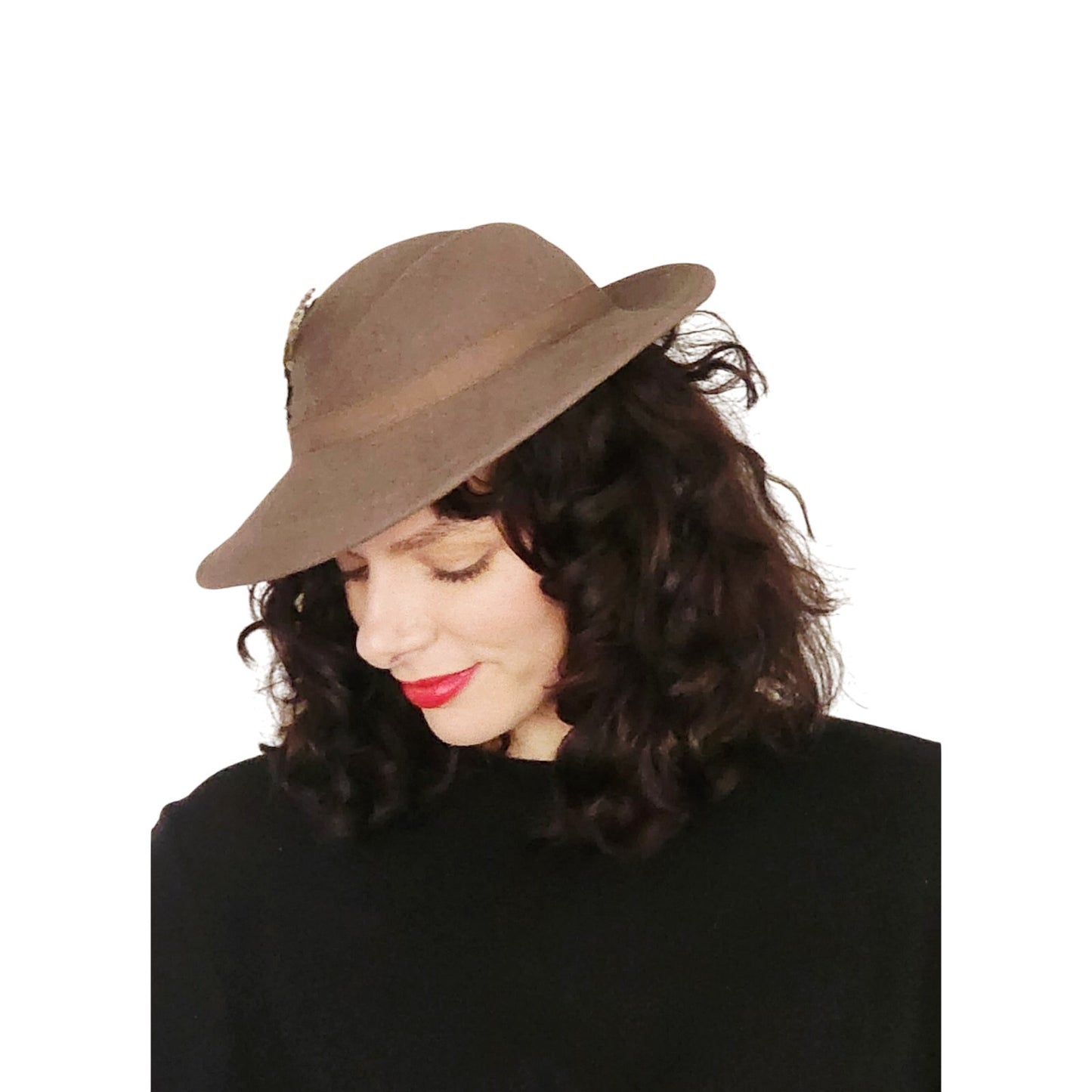 Vintage 1970s Ladies Fedora Hat Brown Wool Wide Brim Feather