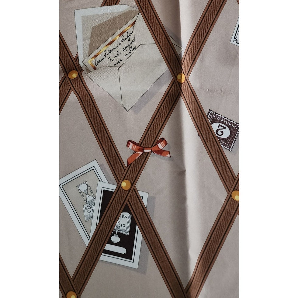 Vintage 90s Paloma Picasso Scarf Silk Brown Beige Novelty Print Bulletin Board