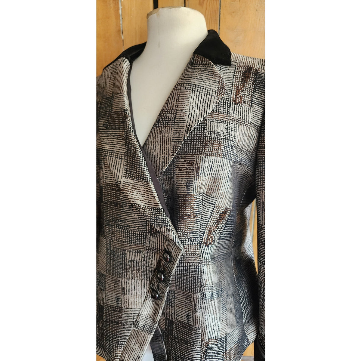 Armani Collezioni Blazer Silver Black Jacket Jacquard Print Asymmetrical Buttons Large