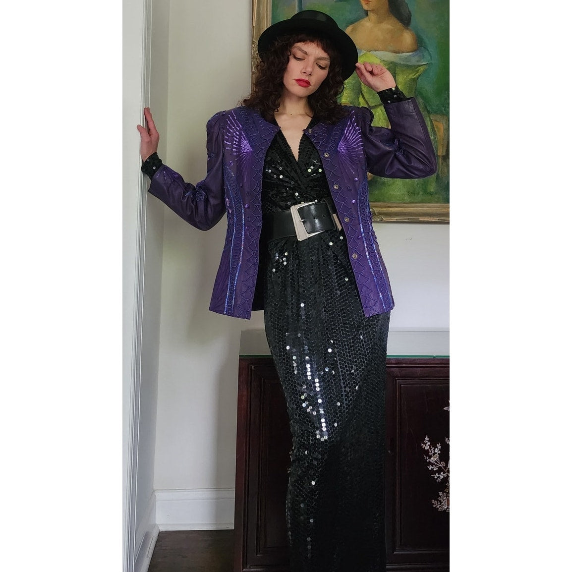 Vintage 80s Purple Leather Blazer Beaded Sequined Jacket French Collizioni / M