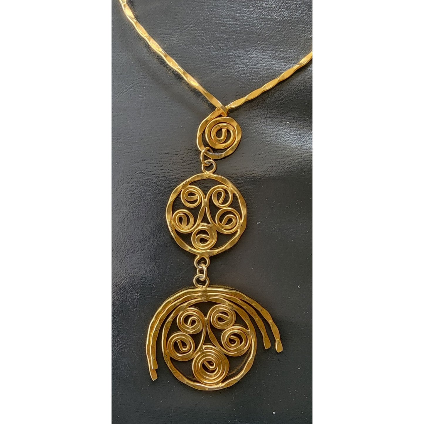 Vintage 70s Gold Necklace Spiral Disc Cascade Ancient Greek Style