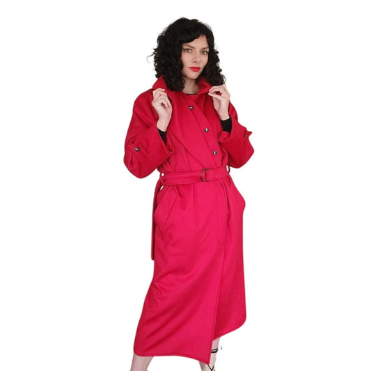 Vintage 1980s Red Wool Coat Long w/Belt Ramosport Paris