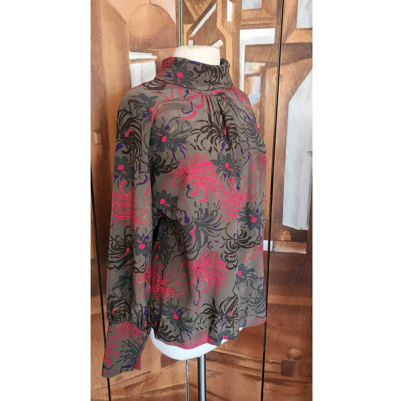 Vintage 80s CHLOE LAGERFELD Blouse Dark Floral Silk Blouse High Neck Long Sleeve