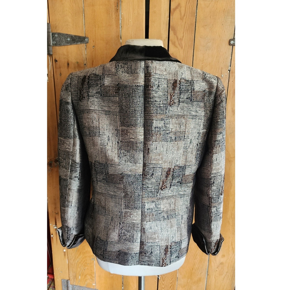 Armani Collezioni Blazer Silver Black Jacket Jacquard Print Asymmetrical Buttons Large