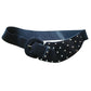 Leather Shop Belt Black Leather Studded Asymmetric Front Elastic Waist Gold Tone
