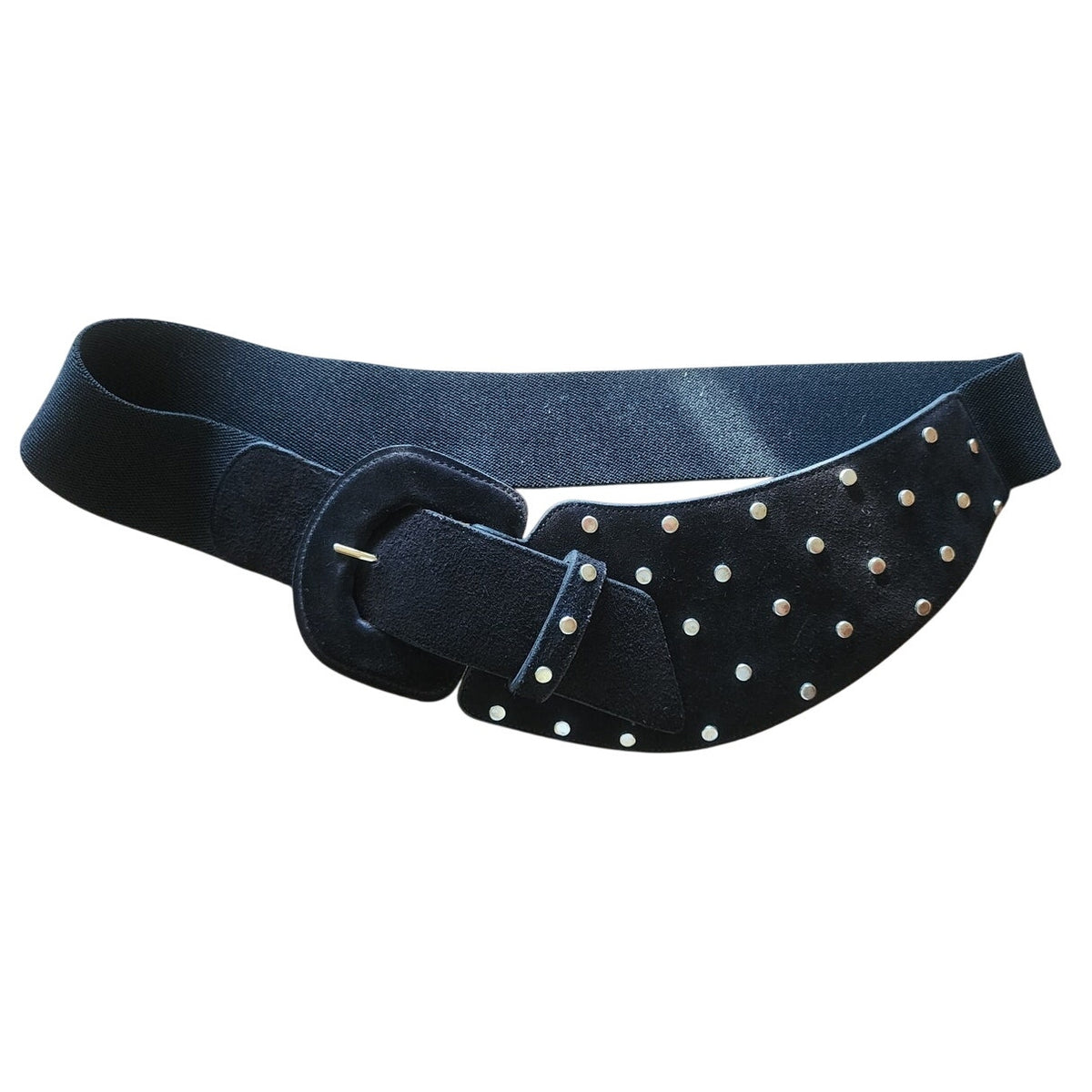 Leather Shop Belt Black Leather Studded Asymmetric Front Elastic Waist Gold Tone