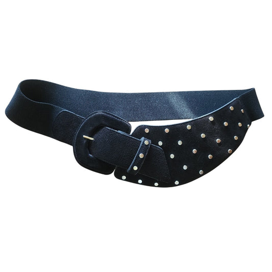 Leather Shop Belt Black Leather Studded Asymmetric Front Elastic Waist Gold Tone