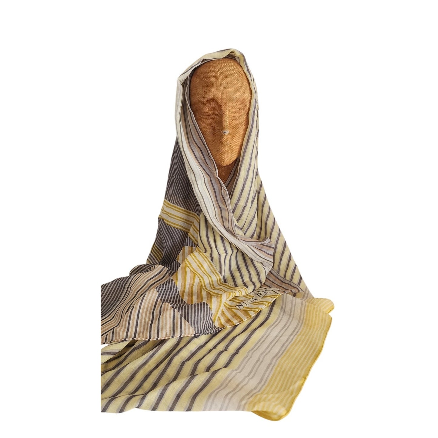 Vintage Nina Ricci Cashmere Silk Scarf Shawl Yellow Gray Stripe