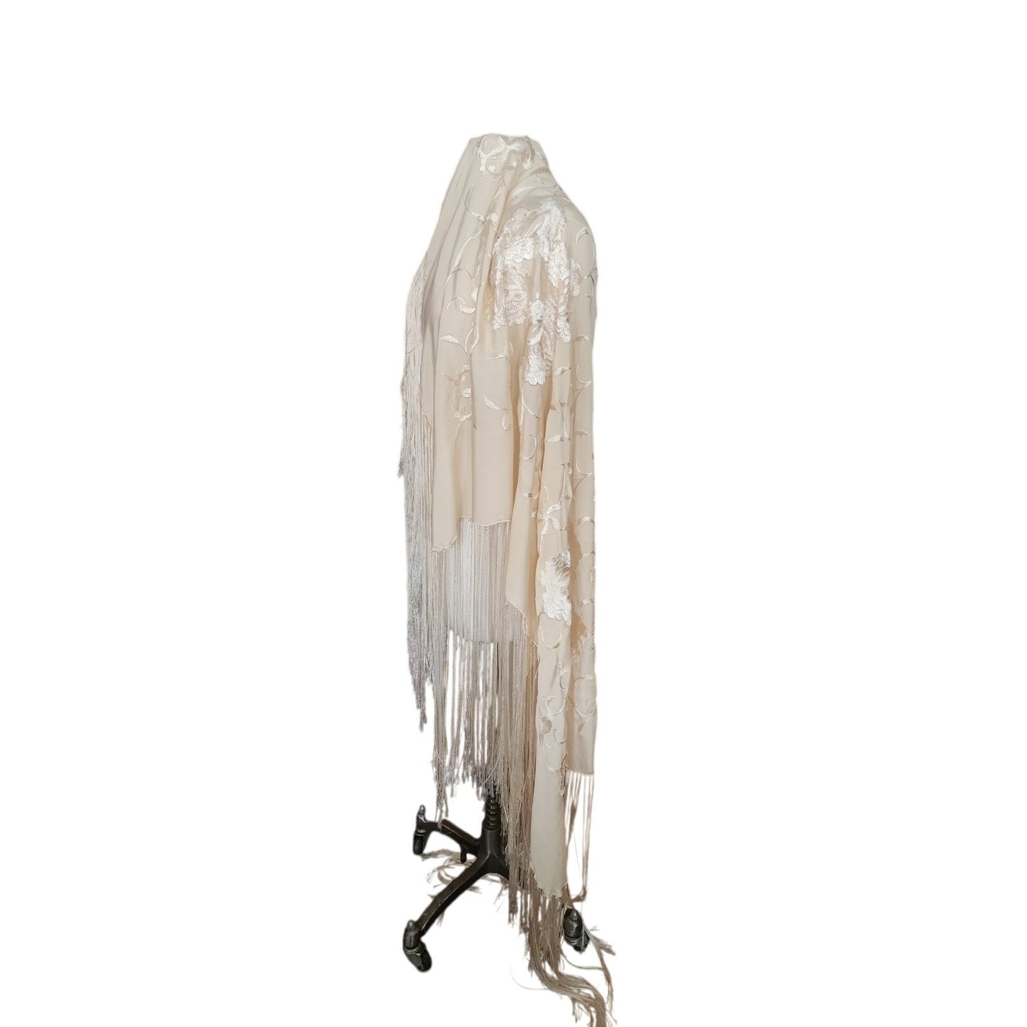Vintage 1920s Piano Shawl Ivory Silk Embroidered Long Macrame Fringe Manila Evening Wrap