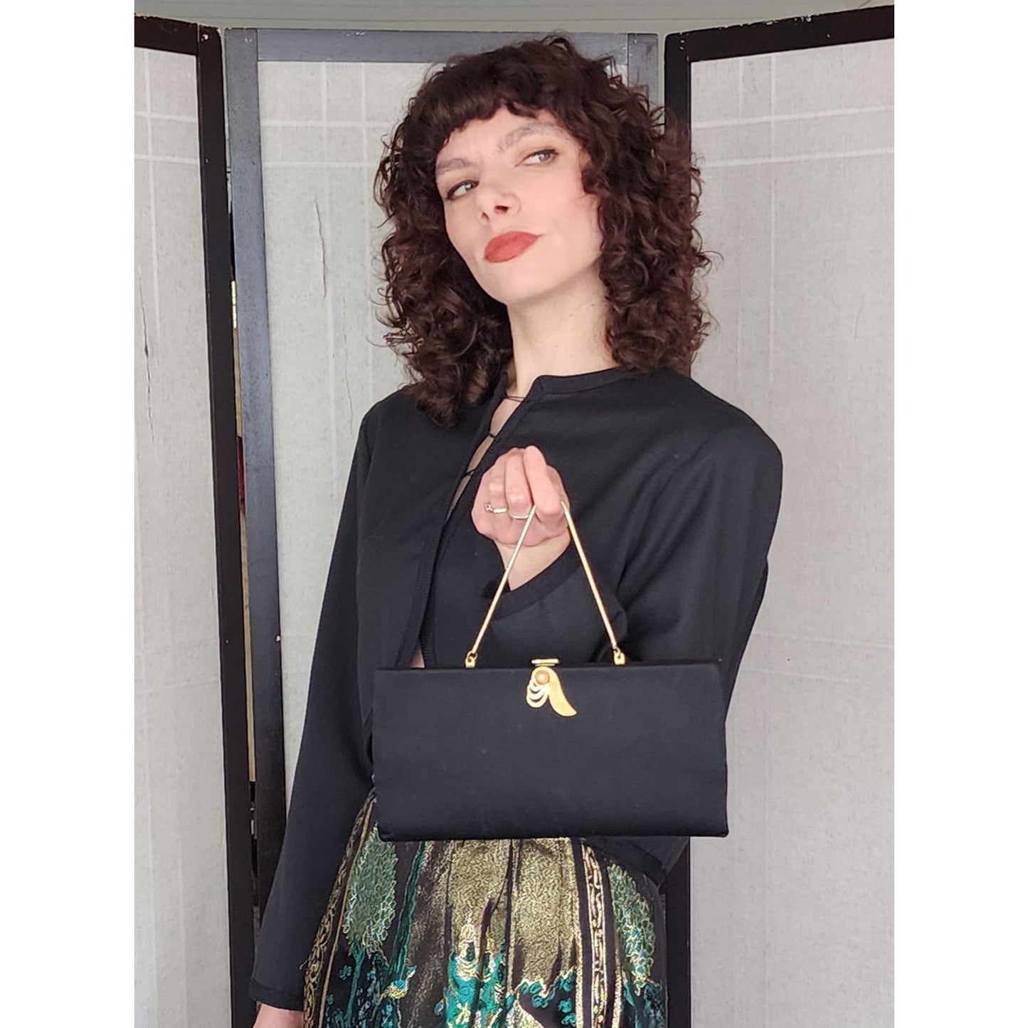 Vintage 50s Evening Bag Black Silk Clutch w/Gold Rhinestone Clasp