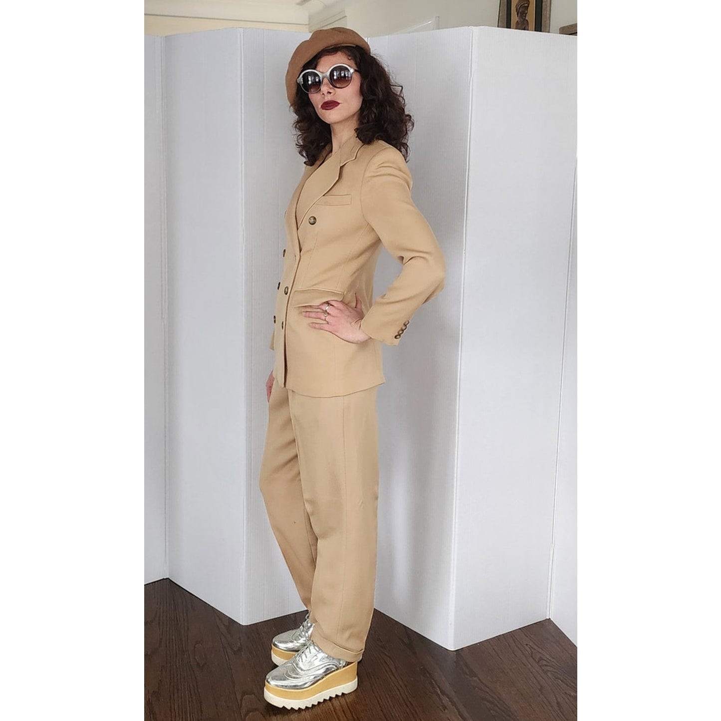 Vintage 1990s Cream Wool Pant Suit Double Breasted Blazer Evan Picone