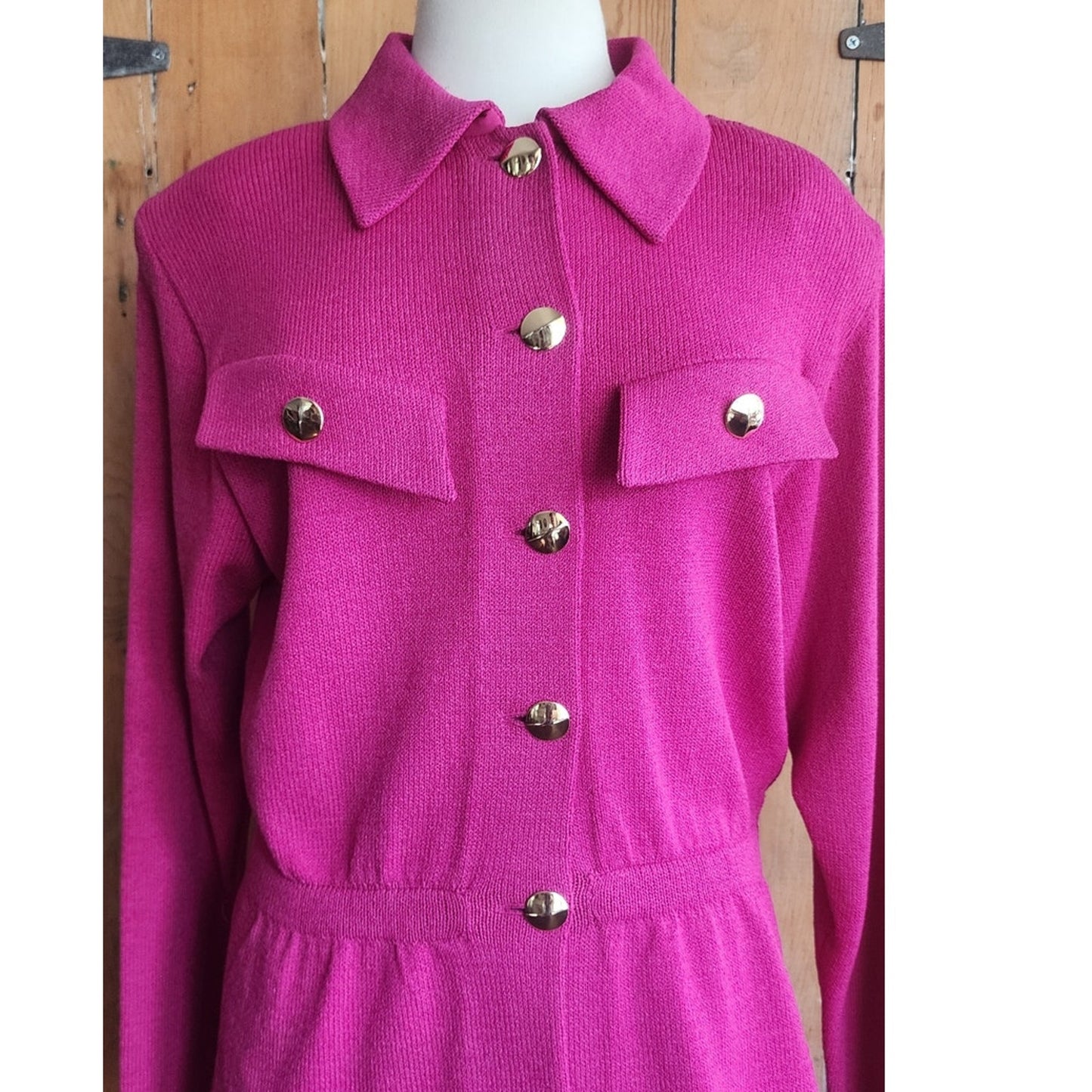 Vintage 80s St John Knit Skirt Suit Hot Pink Fuschia Santana Wool Blend