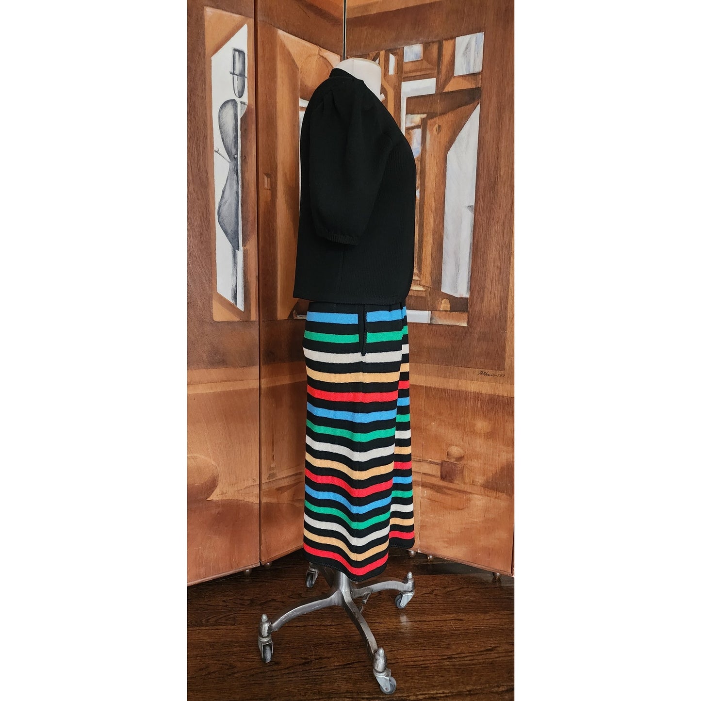 Vintage 70s St John Knit Dress + Bolero Jacket Set Black w/Rainbow Stripe