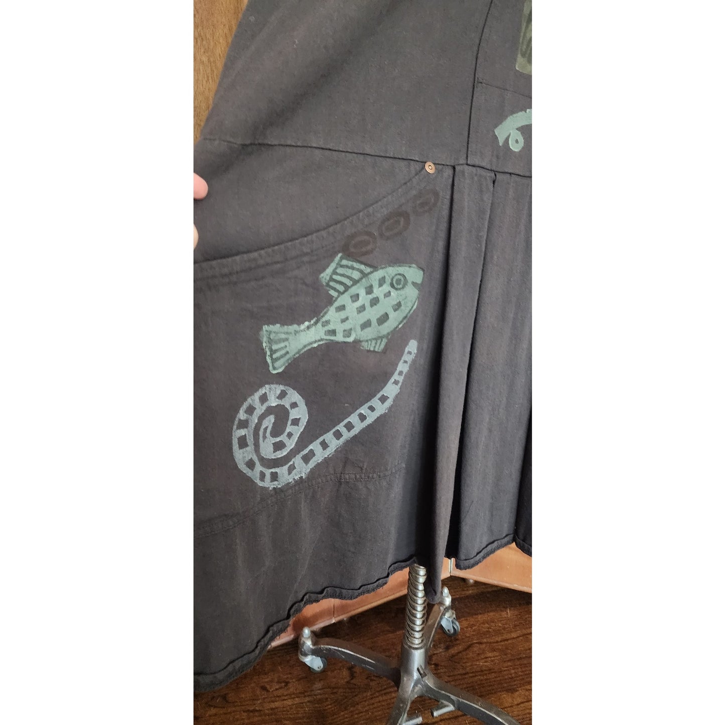 Vintage 90s Blue Fish Jumper Dress Gray 1995 Cat Print Apron Tunic Pinafore Sundress