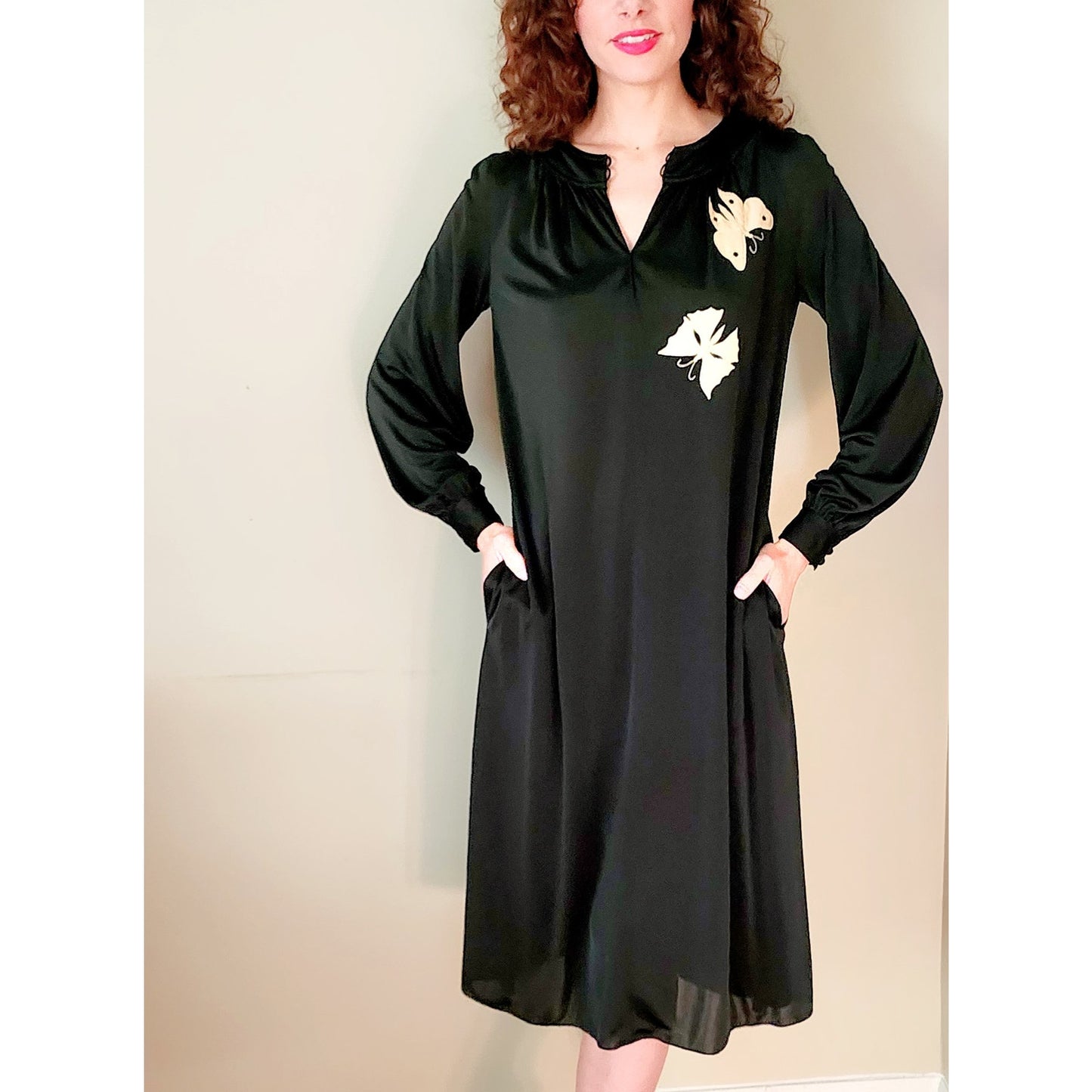 Vintage 70s Black Dress Butterfly Embroidery Ciao Ltd