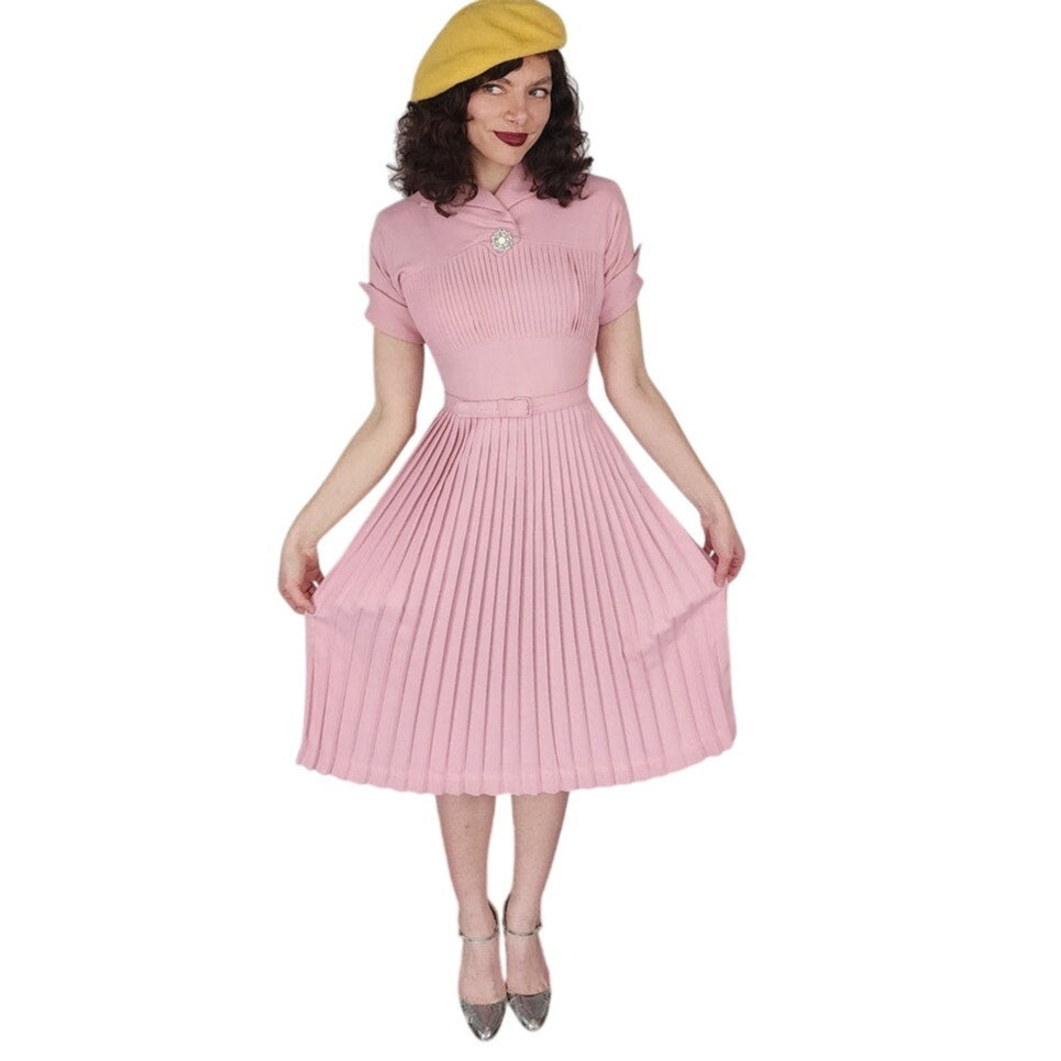 Vintage 40s Pink Dress Pleated Wool Belted w/Rhinestone Pin / S