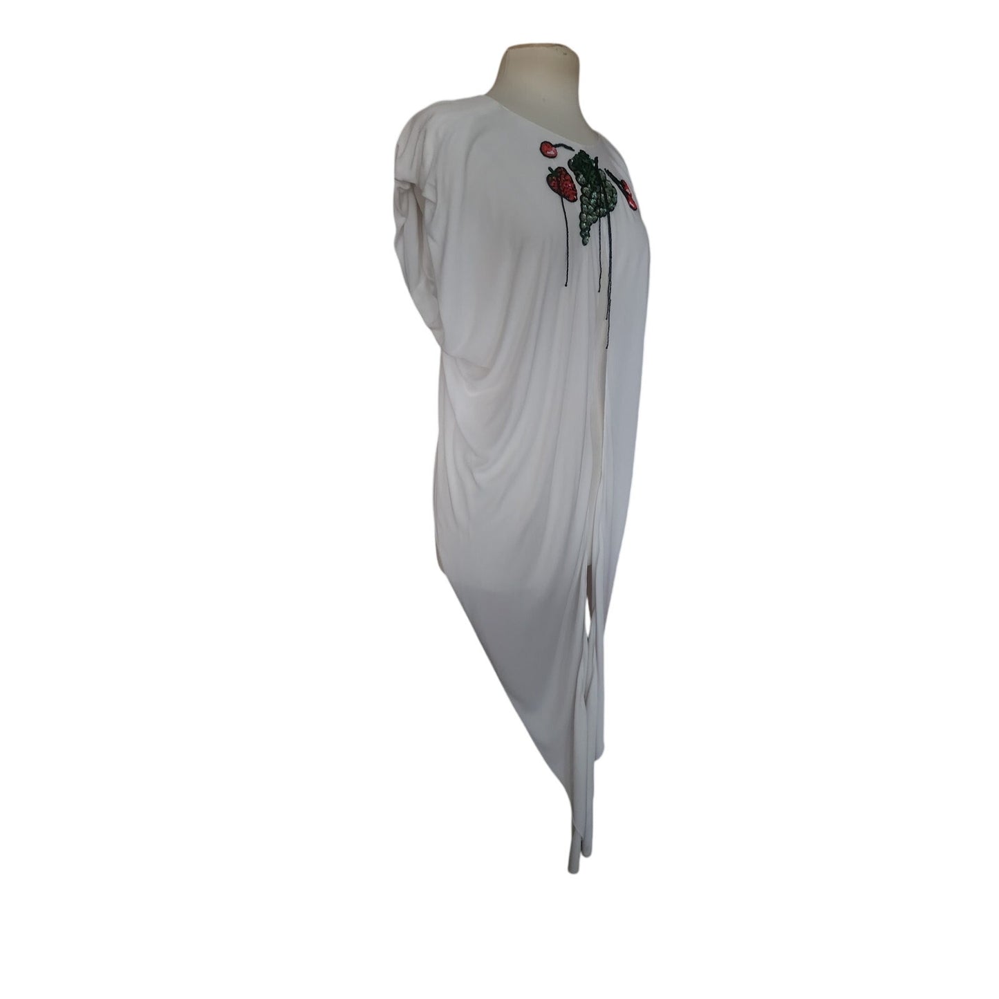 Vintage 1980s Holly Harp Top or Tunic Silk Jersey Embroidered Fruit Sequins Beaded Fringe