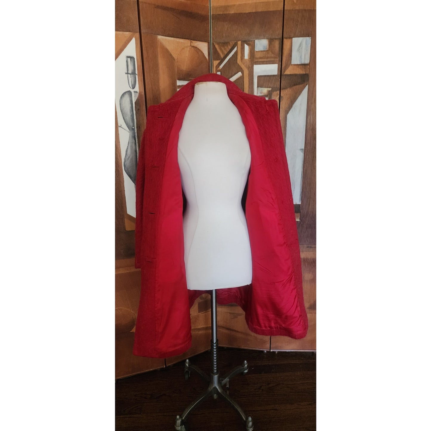 Vintage 1960s Loden Plankl Red Wool Coat Austrian Trachten Alpine Silver Fish Pin