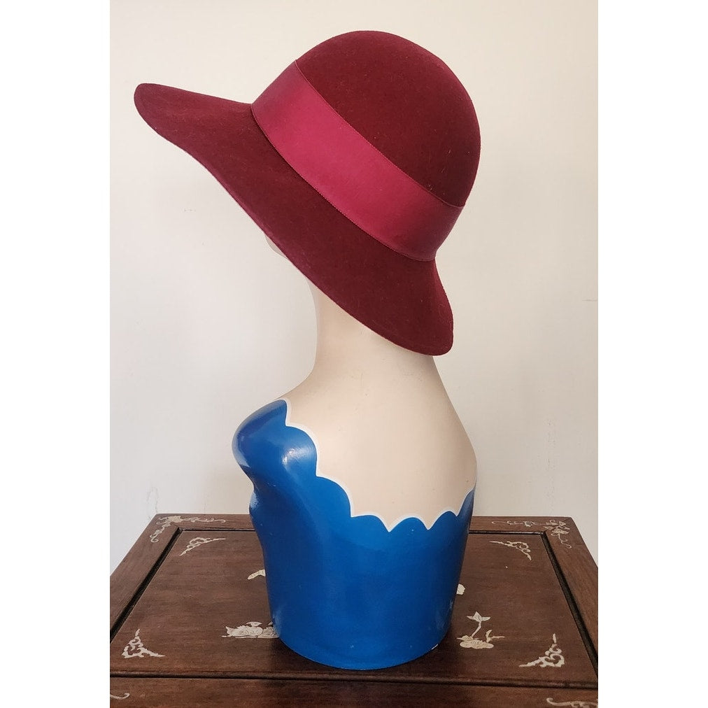 Vintage 1970s Burgundy Red Hat Ladies Fedora Wid Brimmed Georgi