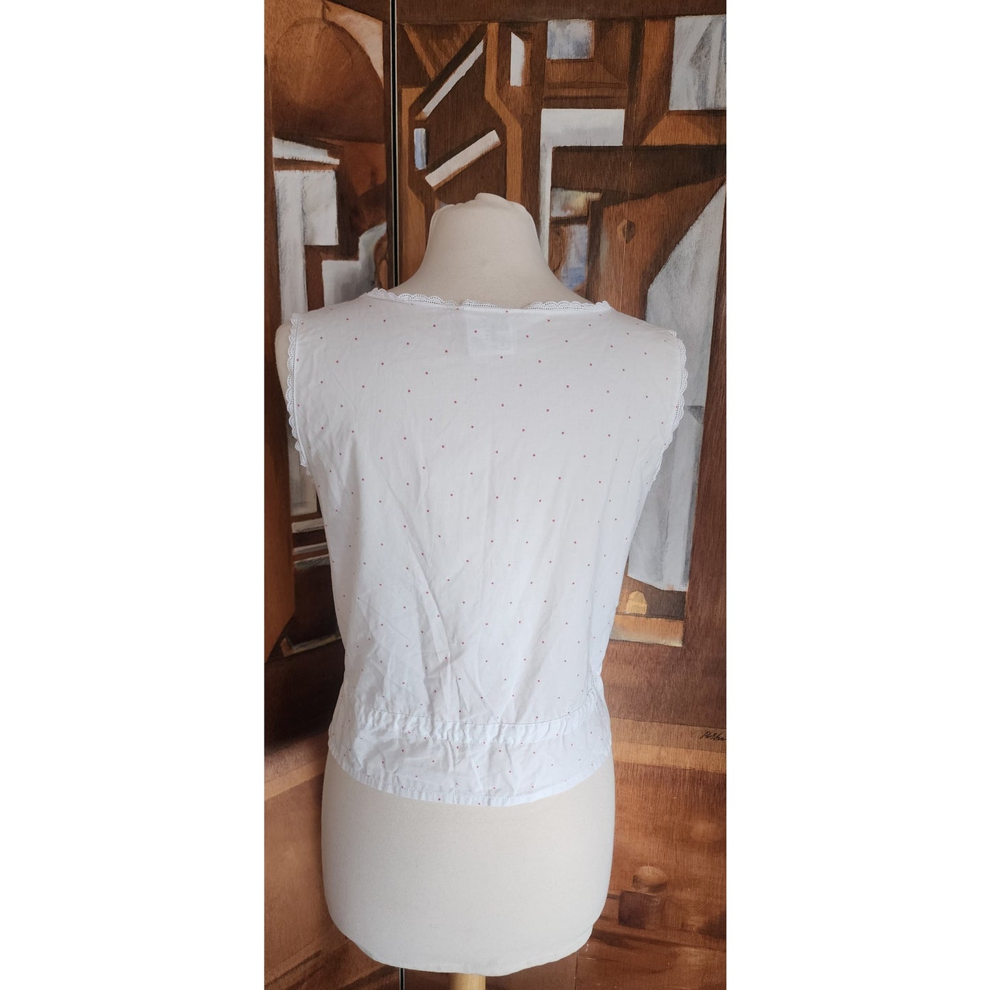 Vintage 80s Laura Ashley White Cotton Eyelet Sleeveless Top Red Micro Polka Dot