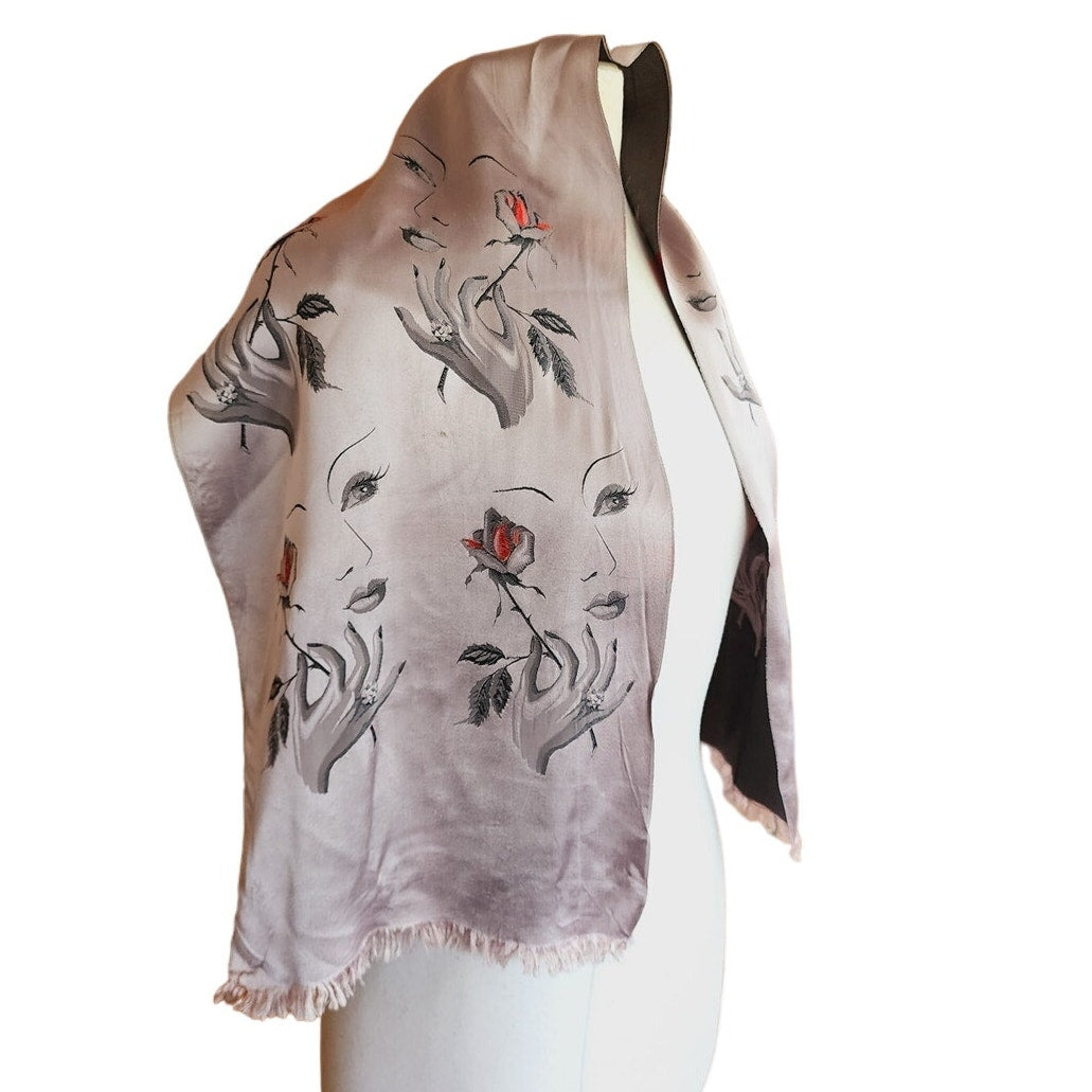 Vintage 40s Silk Embroidered Scarf Woman's Face w/Rose Flower