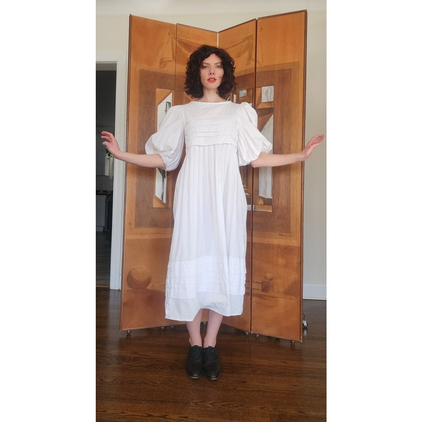 Vintage 80s Barboglio Neiman Marcus White Cotton Puff Sleeve Prairie Peasant Dress